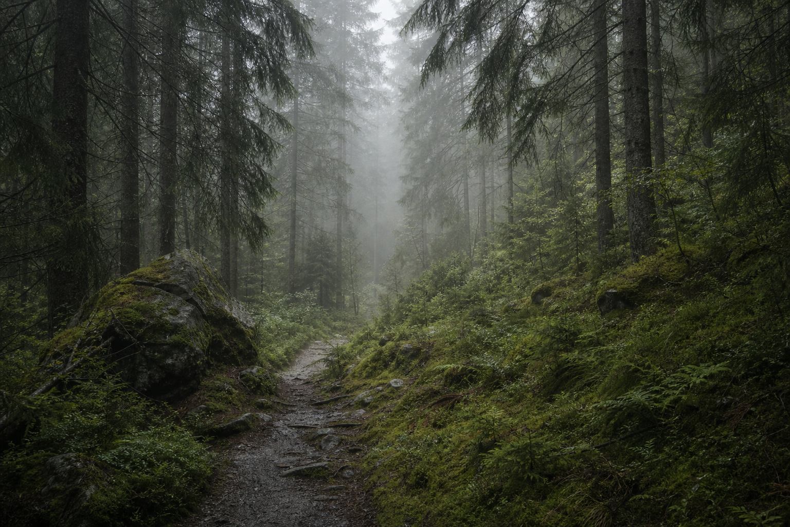 Schwarzwaldpfad zwischen hohen Fichten