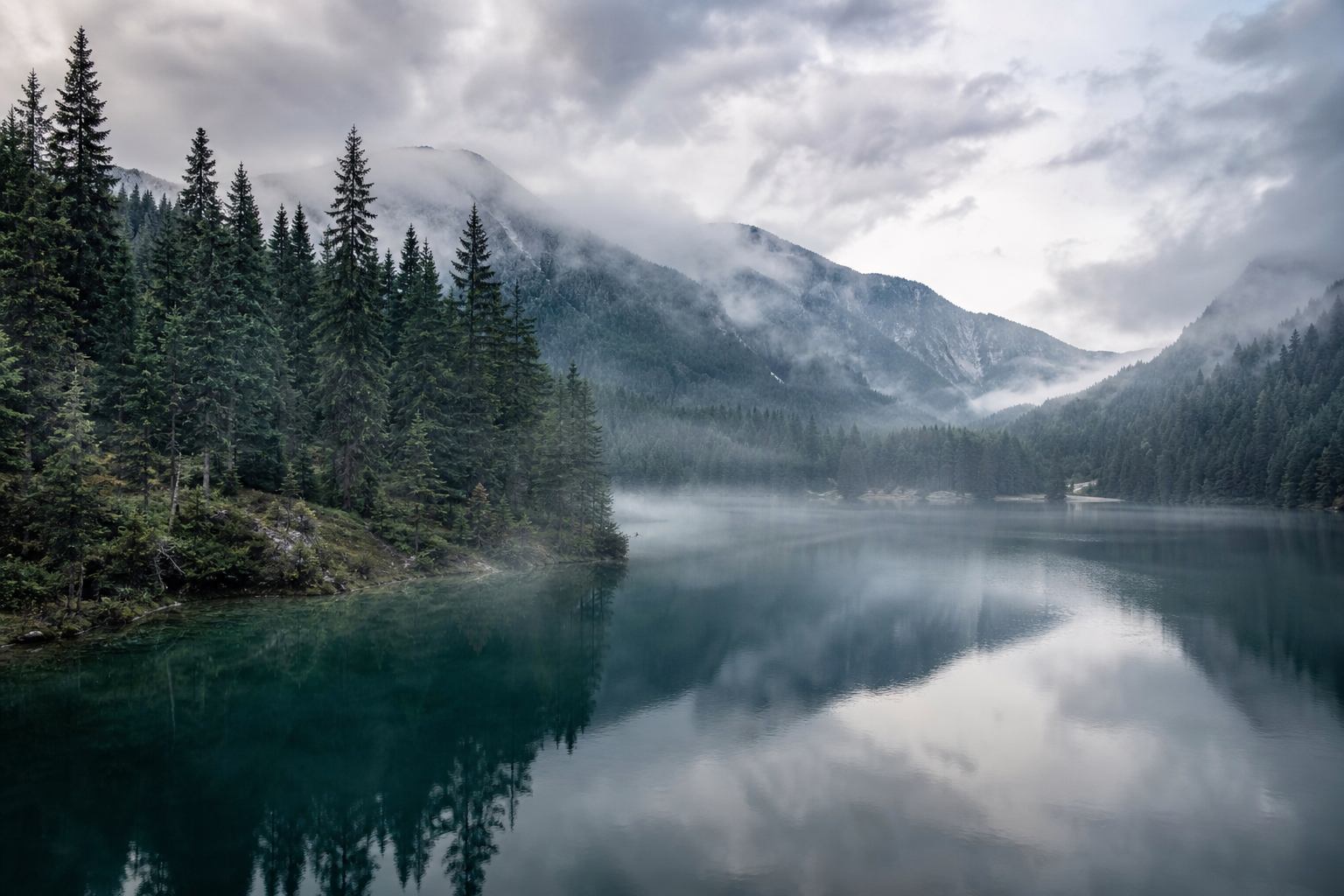 Alpiner See im Morgennebel zwischen Nadelwäldern